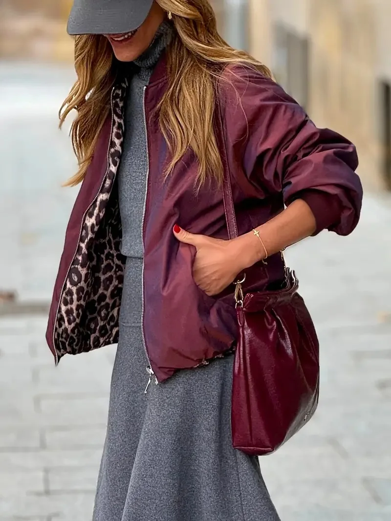 

2025 женские куртки, женская одежда, куртка, осенняя куртка с двойной молнией, бордовая повседневная куртка с леопардовым принтом, модная верхняя одежда