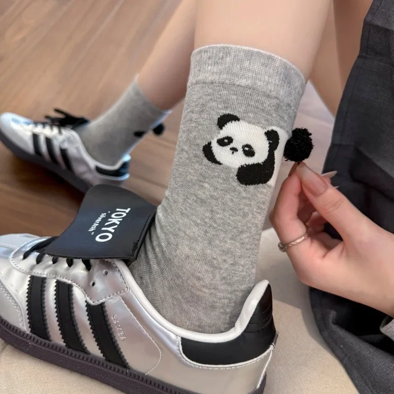 

Корейские стильные носки с мультяшными животными, женские милые однотонные длинные носки до середины икры с пандой, дышащие влагоотводящие повседневные носки