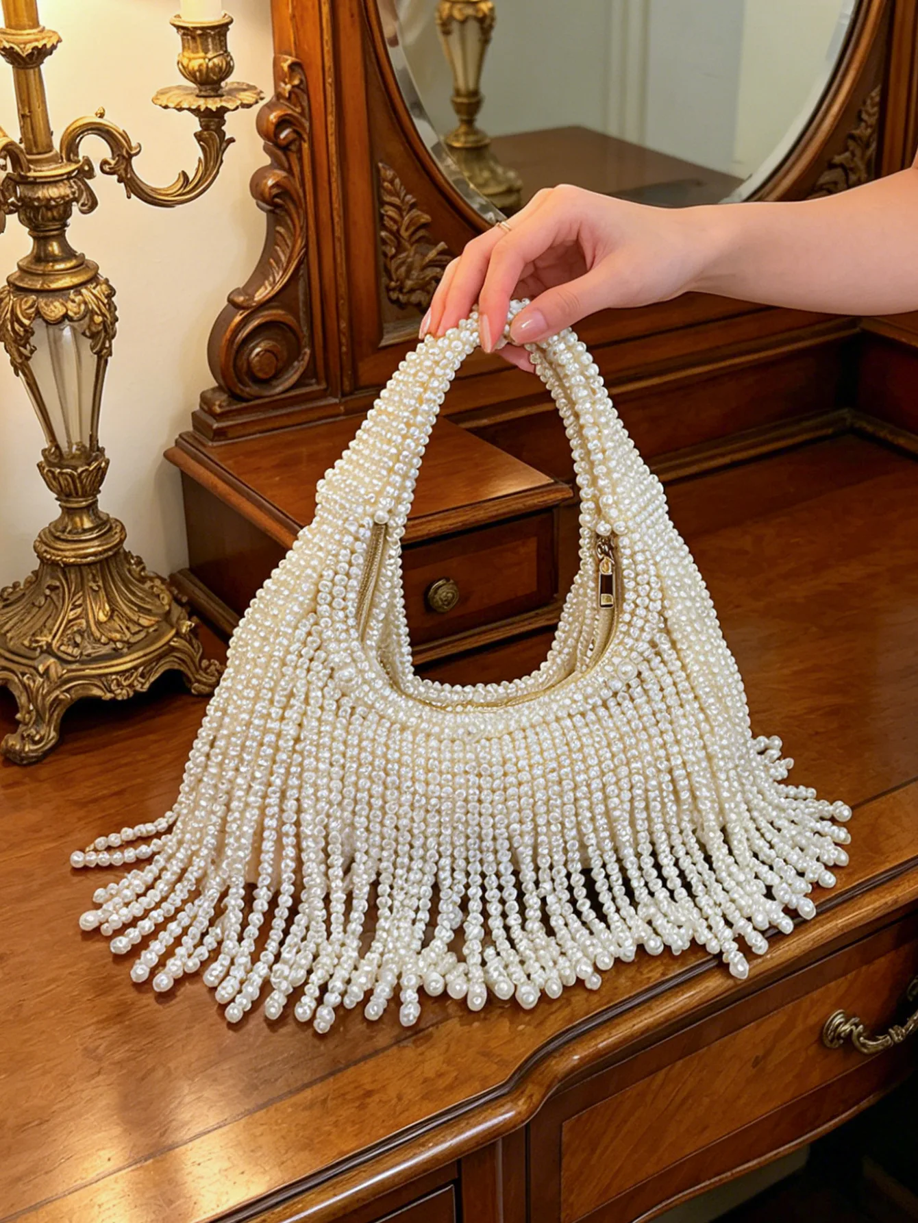 Luxury Design Lady Pearl Tassel Banquet Bag American Fashion Vintage Elegant Hand Woven Beading Women's Wedding Party Handbag