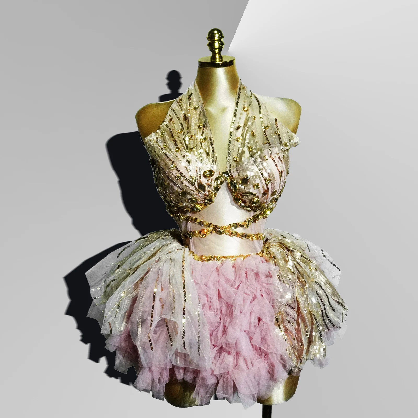 

Розовая современная коктейльная юбка без рукавов с лямкой на шее, 2 шт., юбка со стразами, сетка, милое вечернее пышное платье для девочек, танцевальное платье, сценическая одежда, выступление