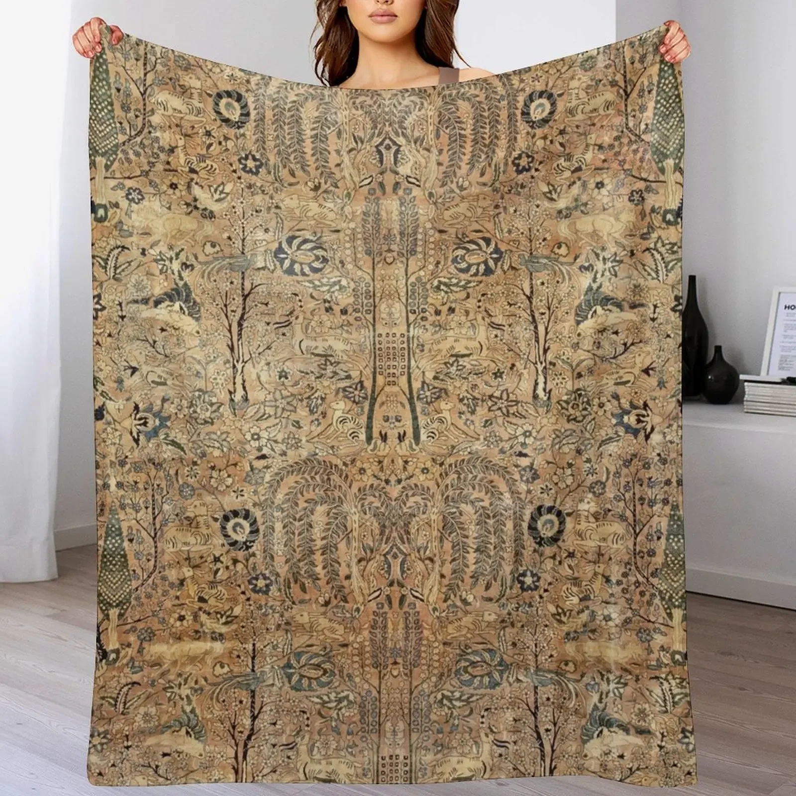 Antique Persian Kirman Garden Rug with Animals Print Throw Blanket Elegant Warm Throw Blanket for Hotel Home