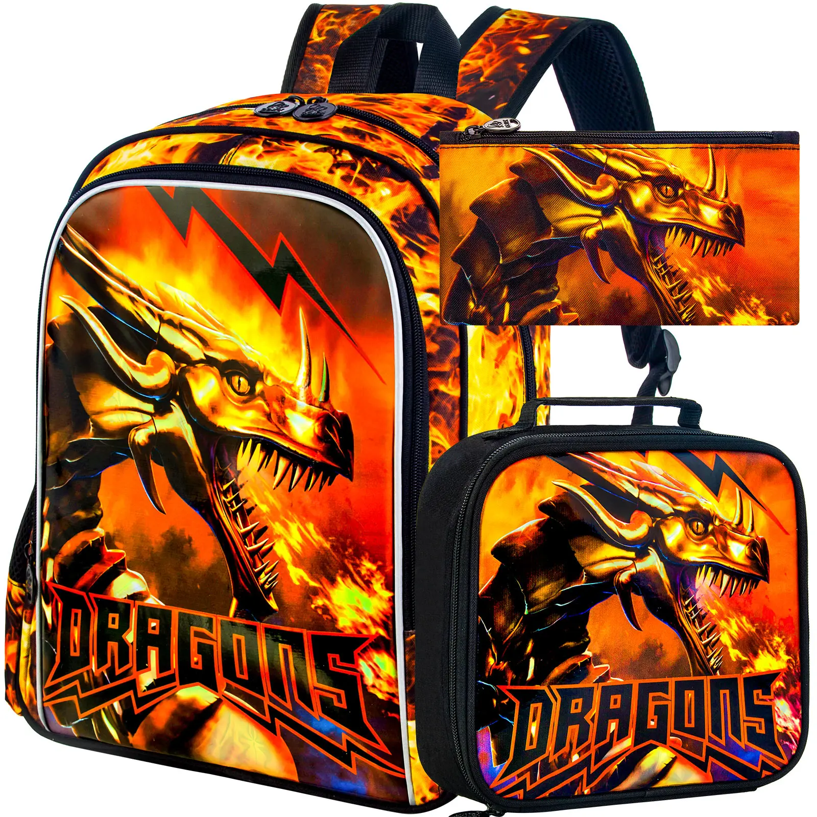 

3Pcs Boys Backpack, 16" Boy School Bookbag for Elementary Preschool Kindergarten, Kids Dragon Backpacks with Lunch Box(Orange)