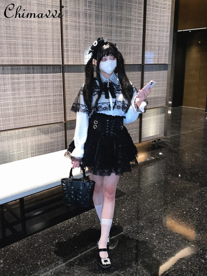 Original 2025 novo estilo japonês renda guarnição gravata couro saia de cintura alta série mina doce menina senhora temperamento princesa saia