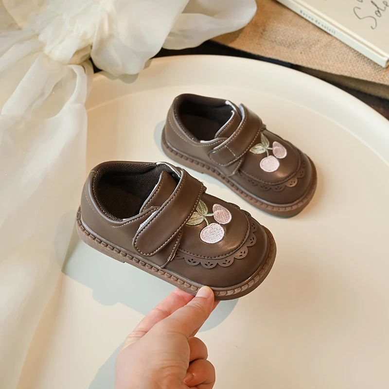Little Girls Cherry Embroidered Mary Jane Shoes, Lace Trim Hook-and-Loop Soft Sole Princess Flats