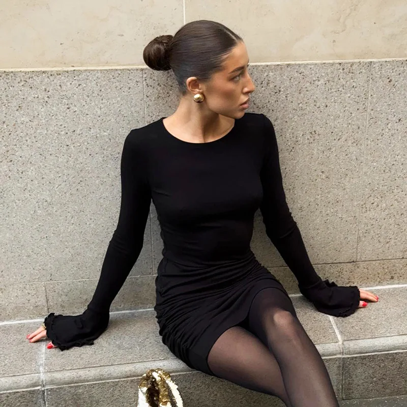 Frauen Casual Flare Langarm Rüschen Mini Kleid Outfits Bodycon Geraffte O Neck Sexy Party Club Herbst Winter Kleider Vestido