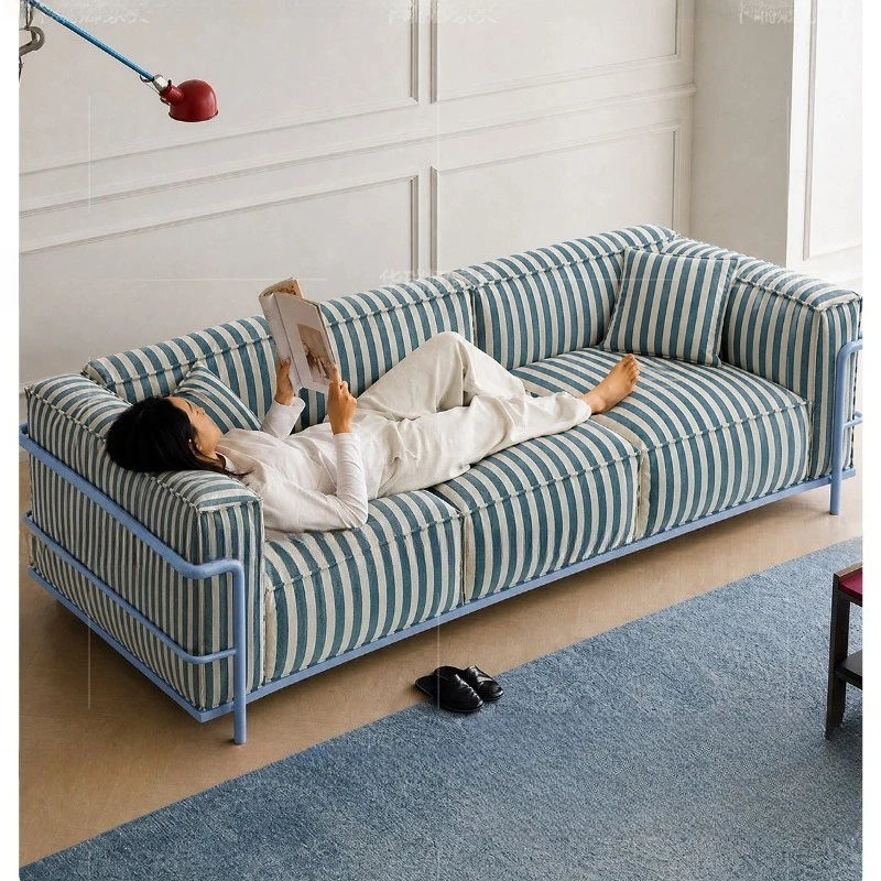 Stainless steel blue sofa living room removable and washable straight row small apartment fabric sofa