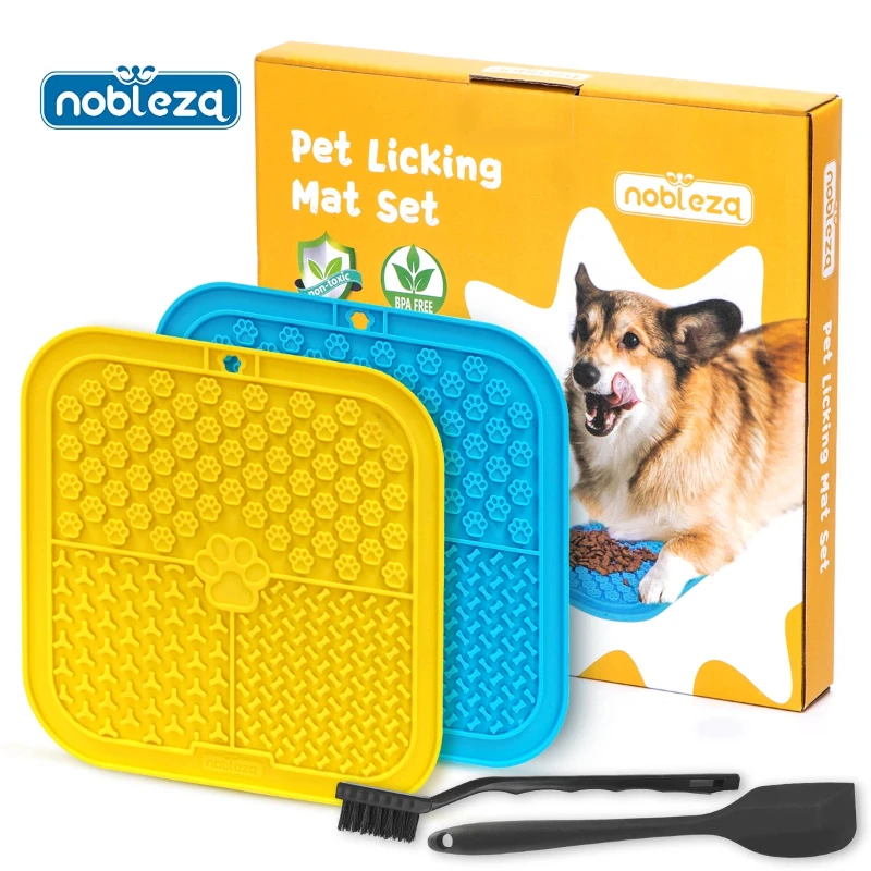 Nobleza Alfombrilla para Lamer Perros, 2 Piezas, Lick mat Perros y Gatos con Espátula y Cepillo de Silicona, Super Ventosas para Bañarse, Arreglarse, Entrenar y Cuidado de las Garras