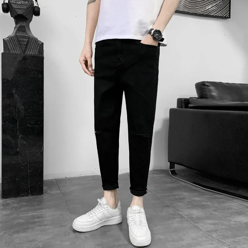 2024 ربيع جديد الذكور الركبة ممزق الجينز الرجال مستقيم سليم أقدام صغيرة سراويل جينز الشارع الشهير تمتد سراويل تقليدية #5