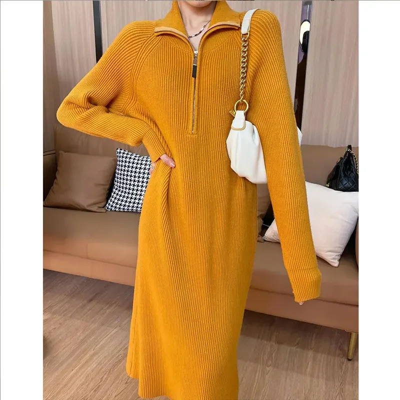 collar zipper knitted sweater dress female 2024 fall and winter Korean version the loose lazy wind in the long bottoming skirt