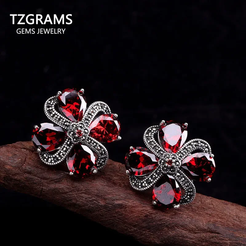 

925 Sterling Silver Natural Stone Ethnic Garnet Earcuff For Women Plum Blossom Retro Vintage Fine Jewelry Bijoux
