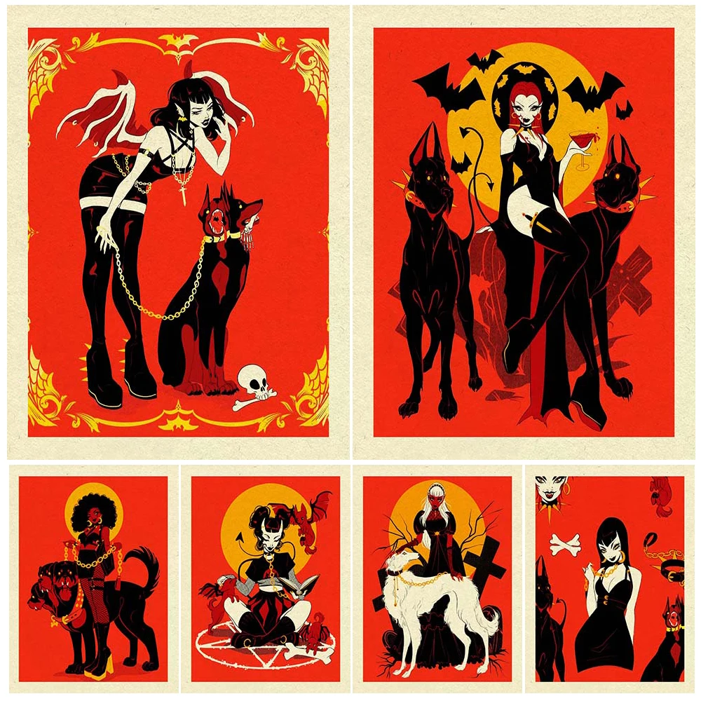 Young And Beautiful Devil Girl And Three-Headed Hell Dog Vintage Wall Art Canvas Painting Witchcraft Art Psoter Print Decoration