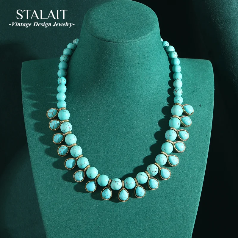 

Bohemia Blue Natural Stone Water Drop Beads Chain Choker Necklace Vintage Jewelry for Woman Retro New in Boho Luxury Accessories