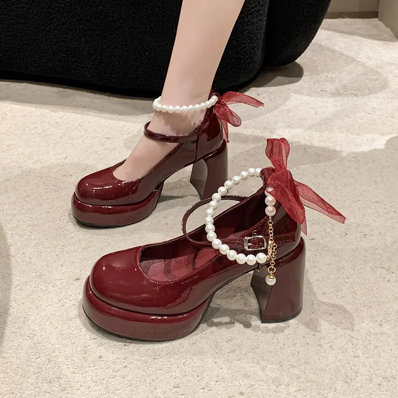 Spring Punk  Chunky Platform High Heels Pumps Women Thick Heel Mary Jane Lolita Shoes Woman Patent Leather Cosplay Shoes