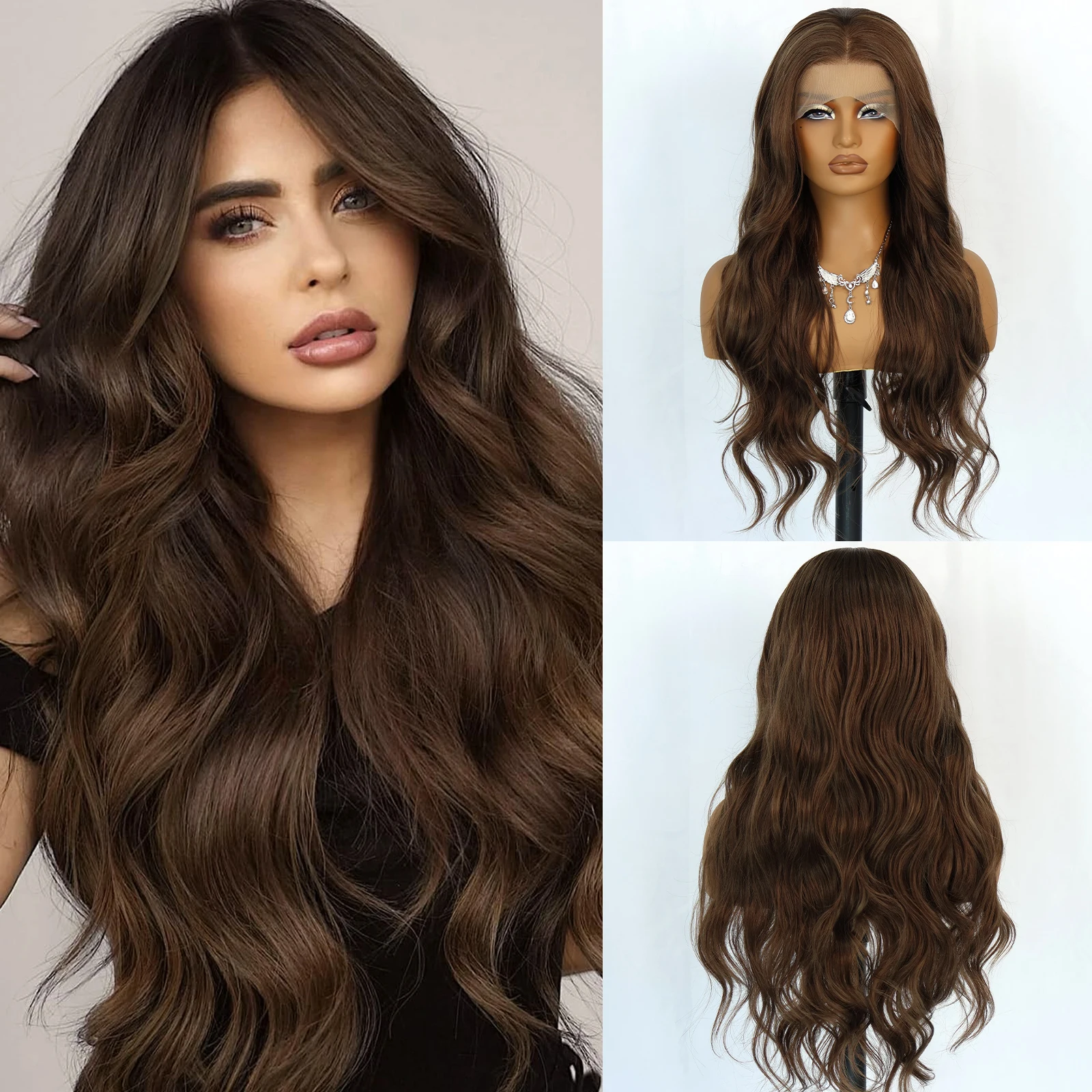 

Aubree 13*4 Lace Front Synthetic Wig Long Wavy Brown Color Heat Resistant Glueless Hairpiece for Daily Use Easy Wear & Style