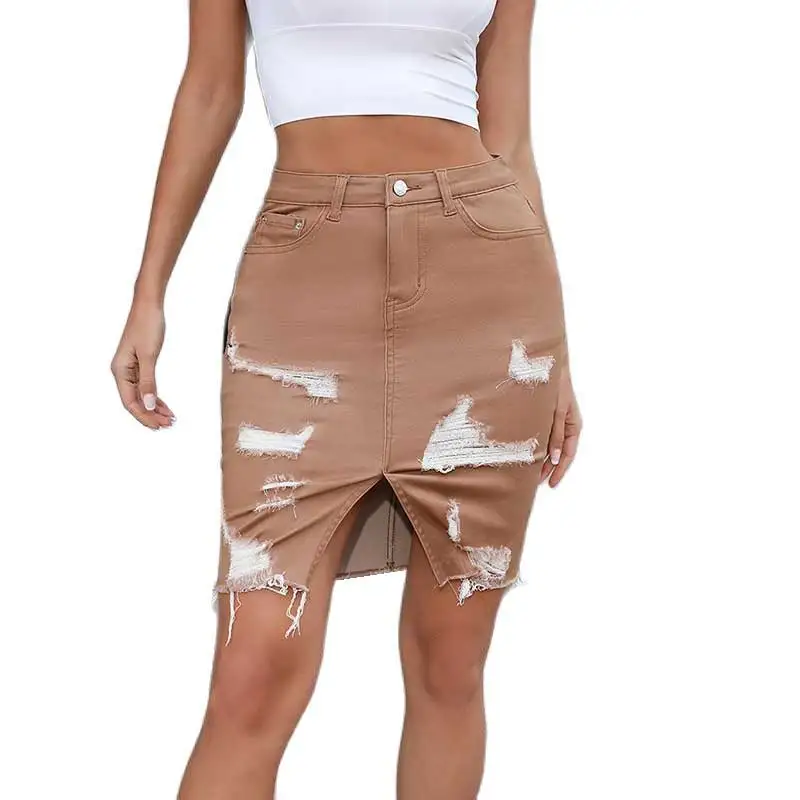 Women's Skirt Tassel Ripped Denim Skirt Sexy Package Hip Skirt Candy Color Mid Skirt