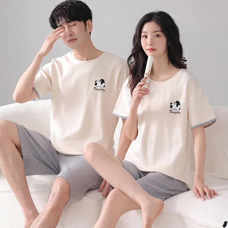 Newest M-4XL Couple Pajamas Set Summer Knited Cotton Men Short-Sleeved Sleepwear Women Nightgown Home Suit