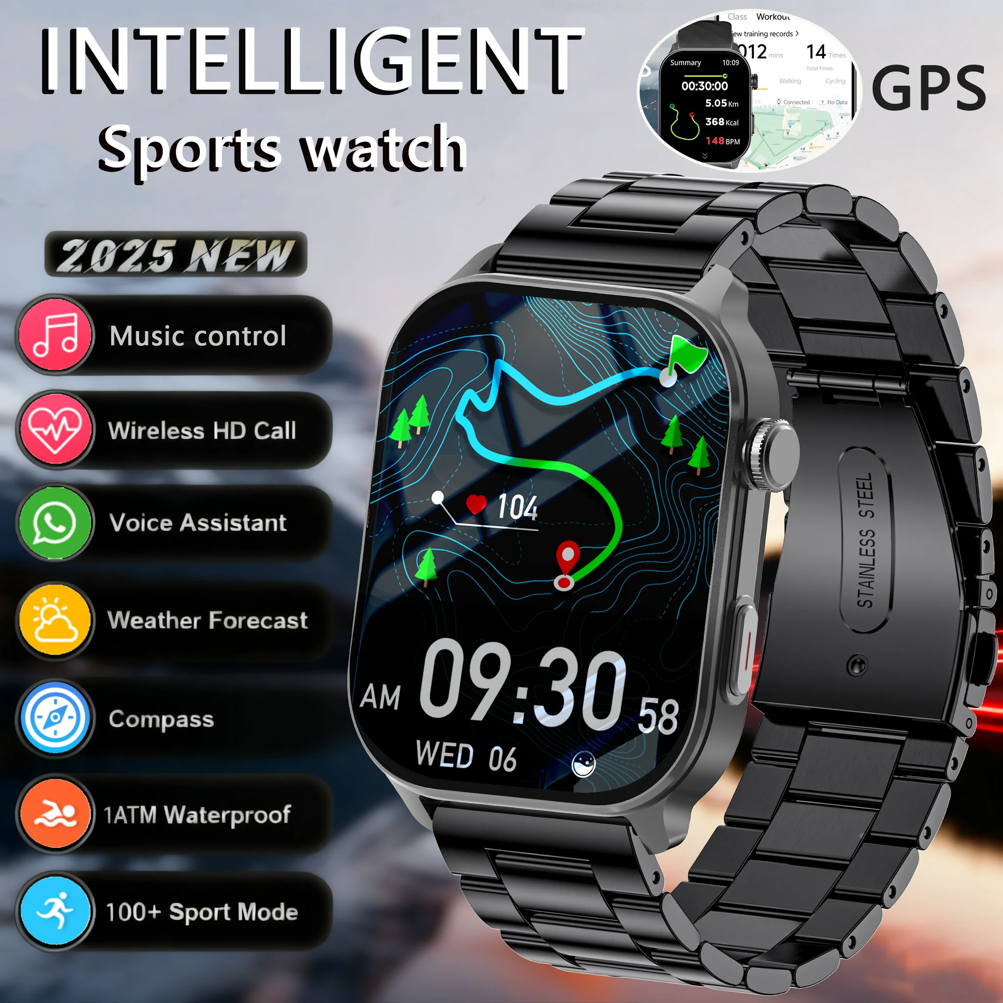 

2025 New GPS Fashion Smart Watch Android and IOS Military Compass Smartwatch Men 1ATM Waterproof 100+Sport Modes BT Call Watch