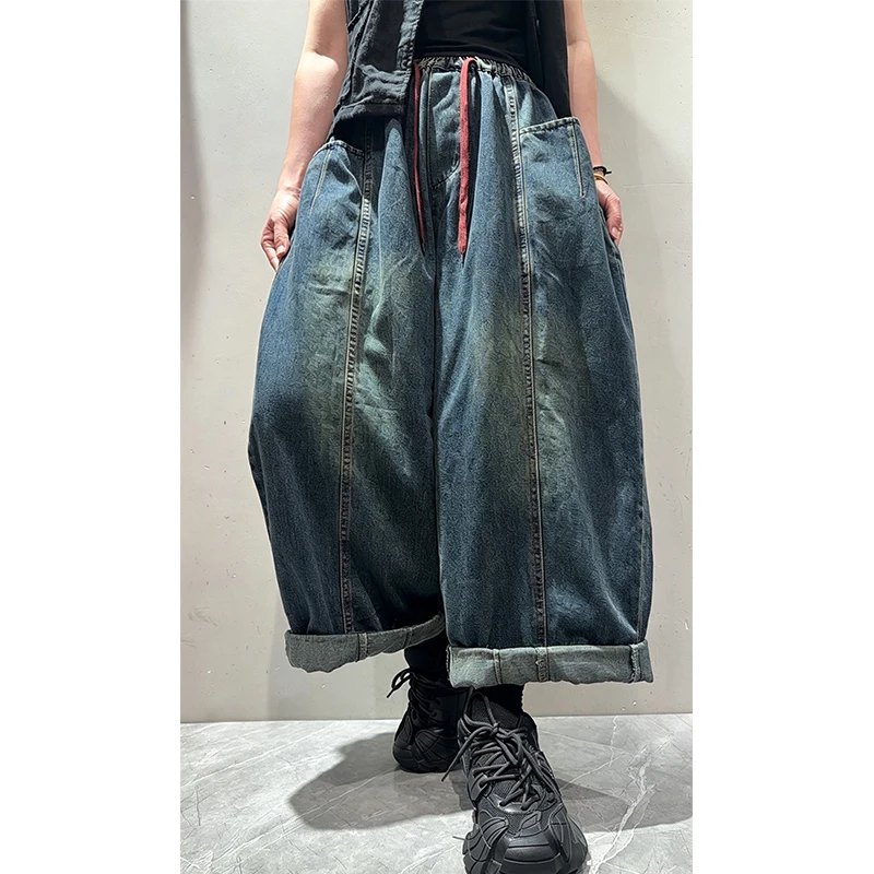 Amax LuluE 2026 Brish Fall Ladies Fashion Wide Leg Pants Womens Classic Vintage Loose Denim Trousers Leisure Elastic Waist Jeans