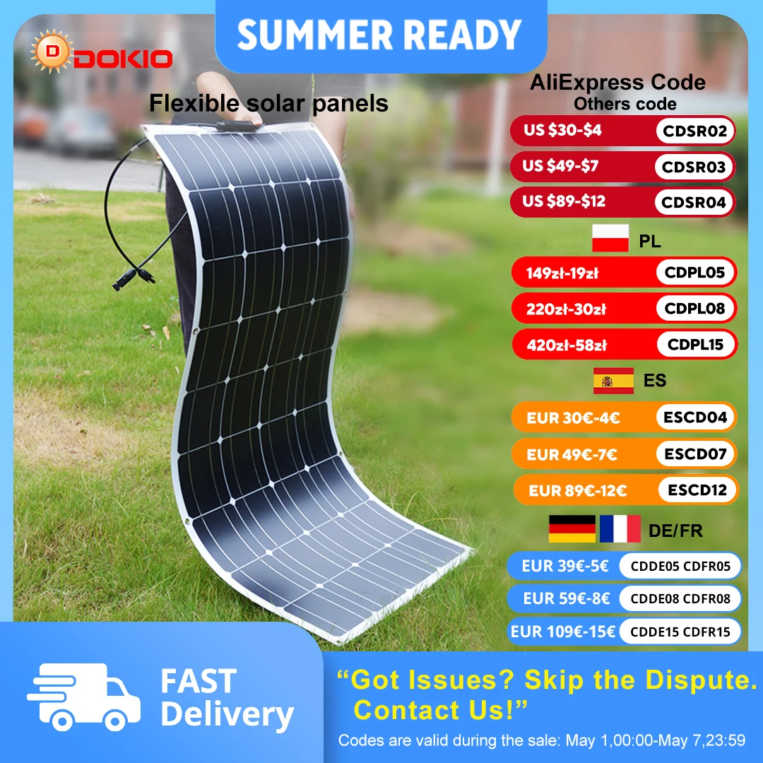 DOKIO-Panneaux solaires flexibles monocallins étanches, 18V, 100W, 200W, 400W, panneaux solaires étanches, camping, montres, charge domestique 12V