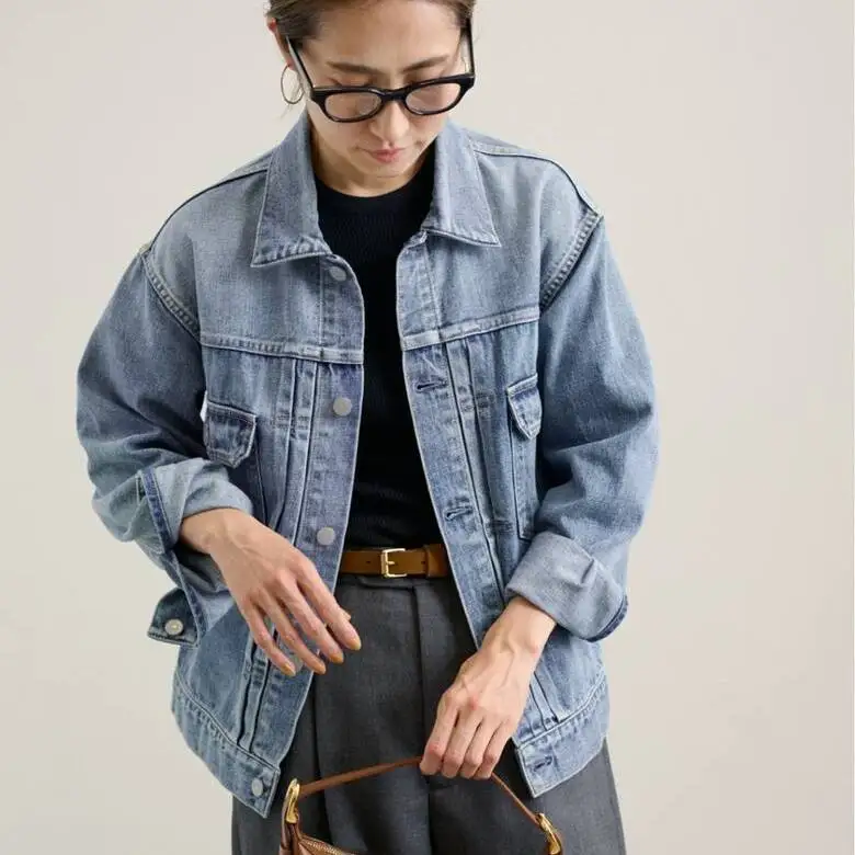

Framework Spring 2026 Women's Cotton Denim Jaet Waed Casual Vintage Sle ort Coat Long Sve Button Closure