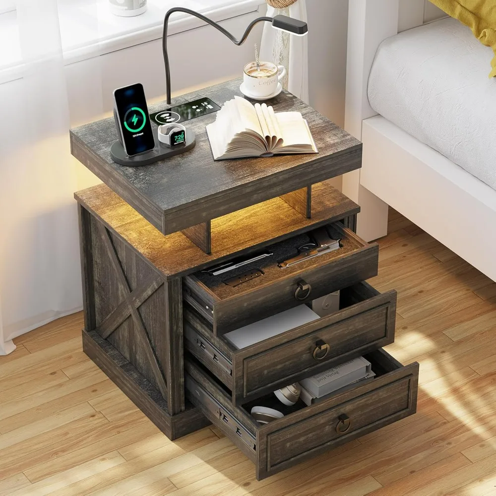 

Bedroom Nightstand with Drawers, LED Night Stand with Charging Station, Smart End Table with 3 Colors Human Sensor Lights