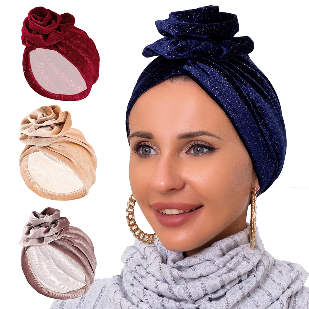 Winter Warm Velvet Turban Fashion Head Wrap  flower Head Cap For Women Luxury Party Headdress