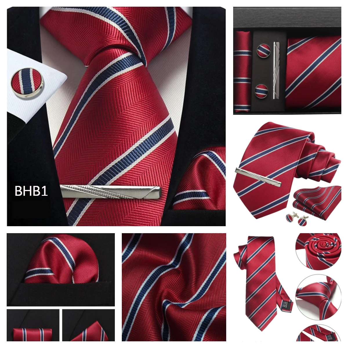 Klassische Herrenkrawatten aus 100 % Seide in Geschenkbox, 8 cm, kariert, gepunktet, gestreift, Business-Krawatte, Einstecktuch, Manschettenknöpfe, Hochzeitskrawatten-Set – Detail 17