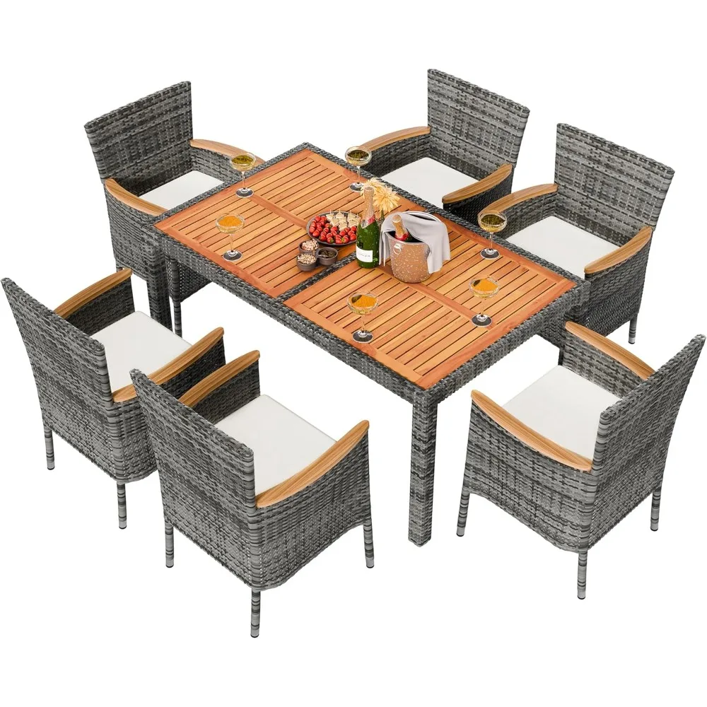 

Outdoor Dining Set for 7: Wicker Furniture with Cushions and Wooden Table
