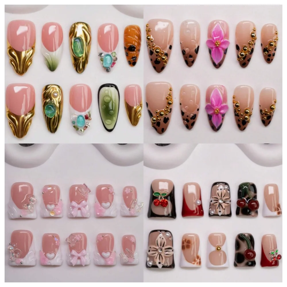 

10 Pcs Press On Nails Handmade Duck & Almond Fake Nails 3D Floral Design False Nails Reusable Acrylic Nails Set for Women