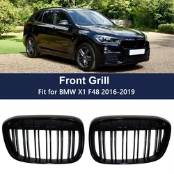 Double Line Car Front Bumper Kidney Grill Grilles For BMW X1 F48 2016 2017 2018 2019 Racing Grille Glossy Black Car Style