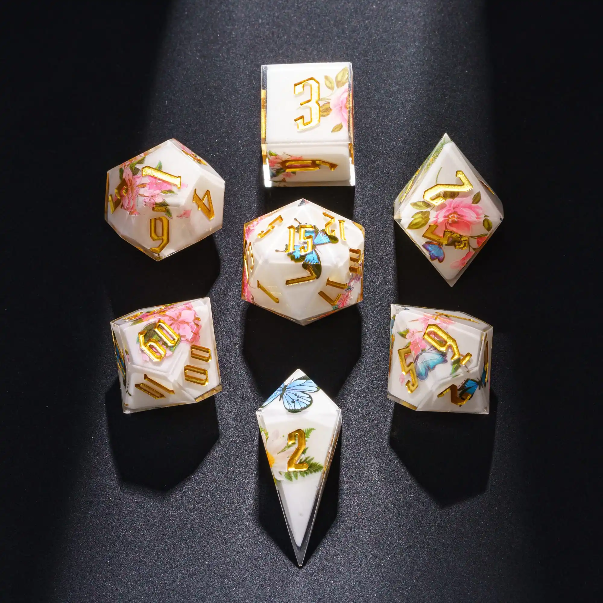 Cusdie Flower Sharp Edge Dices DND 7 Handcrafted Sticker Polyhedral Dice Set D4-D20 for D&D Pathfinder Role Playing Board Games