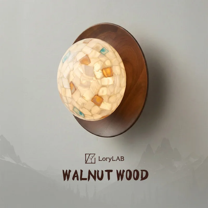 Colorful shell oval-shaped Walnut Wood, Modern Wabi-Sabi Vintage Simple, Wall Sconce Light for Living, Dining, Bedroom, Study