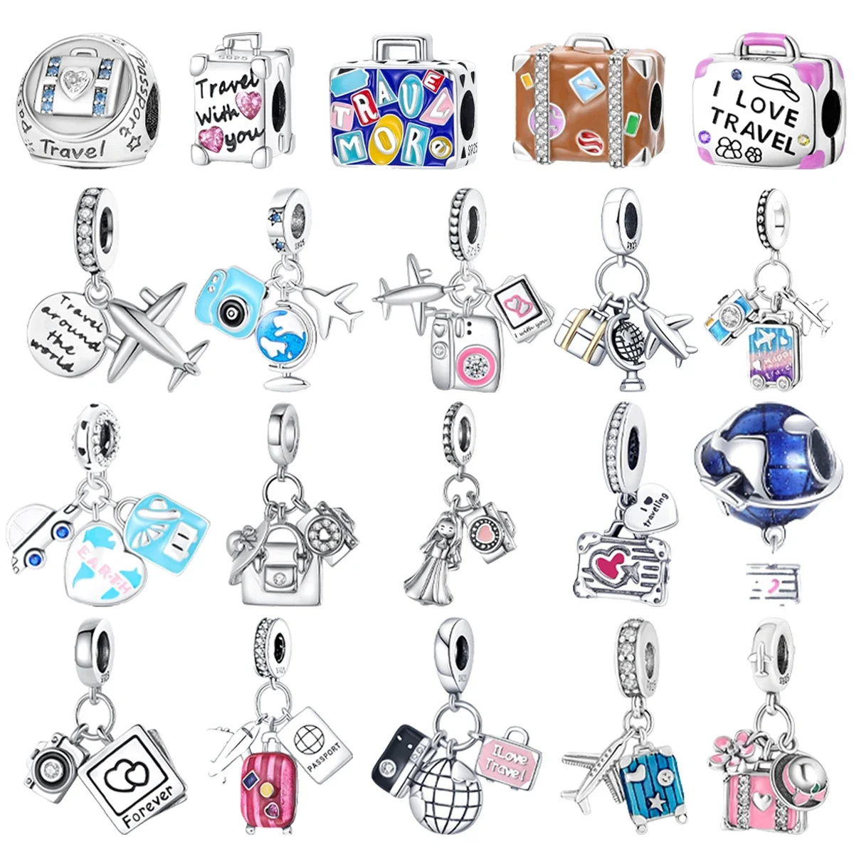 

Original 925 Charms Sterling Silver Camera Luggage Airplane Earth Beaded Pendant for Pandora DIY Bracelet Ladies Jewellery Gift