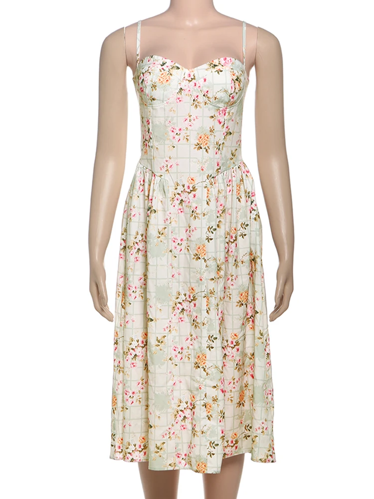 แปลก Puss ดอกไม้พิมพ์ชุดผู้หญิงฤดูร้อนสแควร์คอแขนกุดสไตล์หวานวันหยุด Beach Party ยาว Bodycon