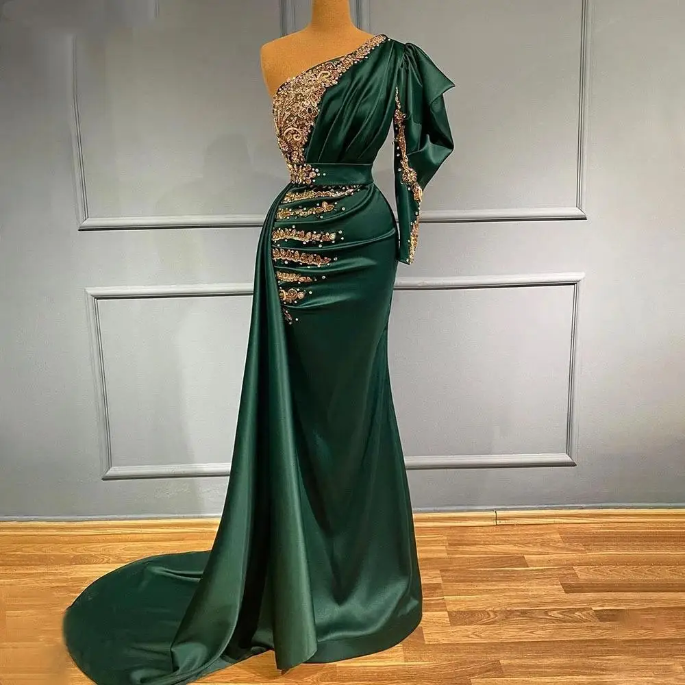 

Green Satin One Shoulder Evening Dress Sequin Beaded prom Dress Aso Ebi Train Party Banquet Dress Large Customization