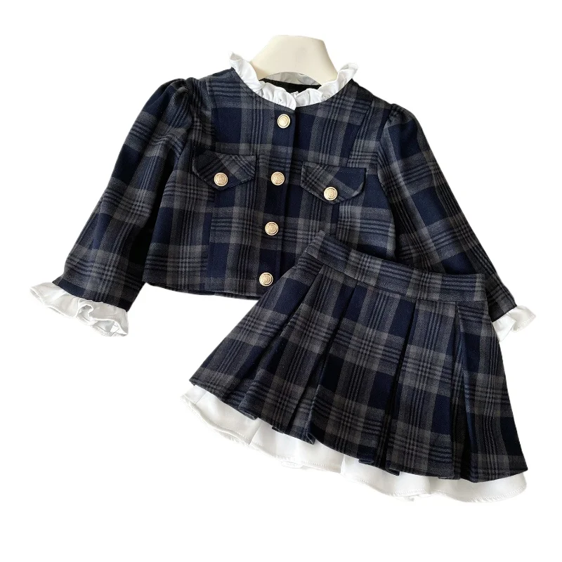 Girls\' Suit Autumn Girls\' Small Fragrance Style Print Coat + Long Sleeve Preppy Pleated Skirt Two-piece Set 2-7yrs