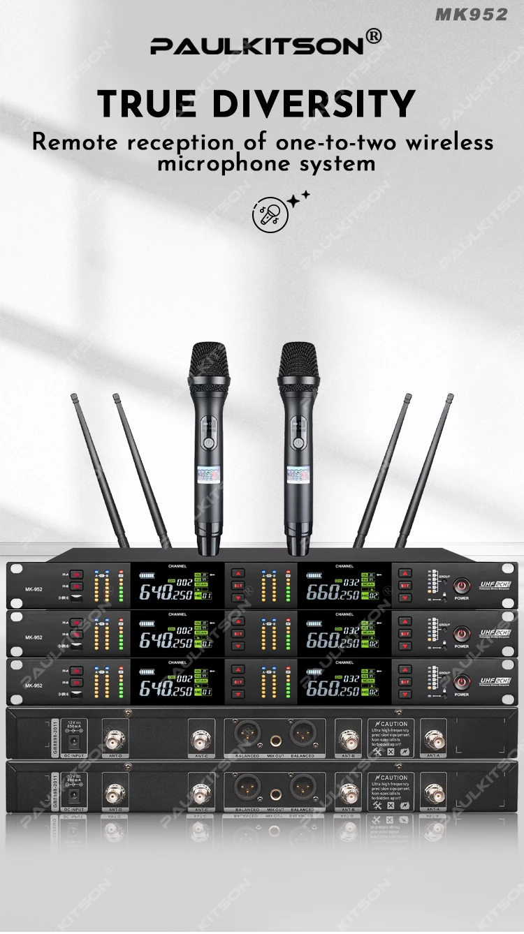 MK952 Dual-Handmikrofon mit True-Diversity-Technologie, 640-690MHz UHF, LCD, Stabiles Signal, Professionell für Bühne, Karaoke, Heim und Live-Einsatz – Detail 1
