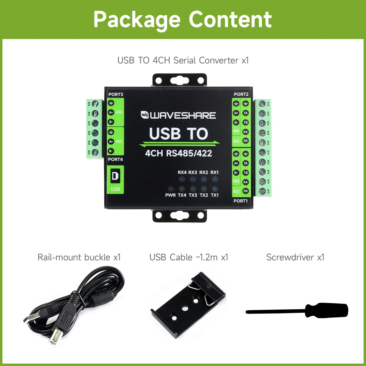 Waveshare Industrial Isolated USB To RS485/422 Converter, Original FT4232HL Chip, Supports USB To 2-Ch RS485 + 2-Ch RS485/422