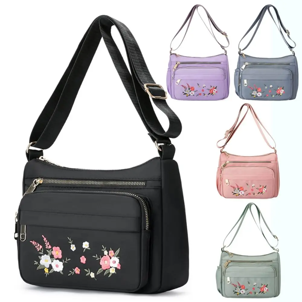 Embroidery Flowers Ladies Crossbody Bag Fashion Solid Color Large Capacity Shoulder Bag Lightweight Zipper Women Handbag