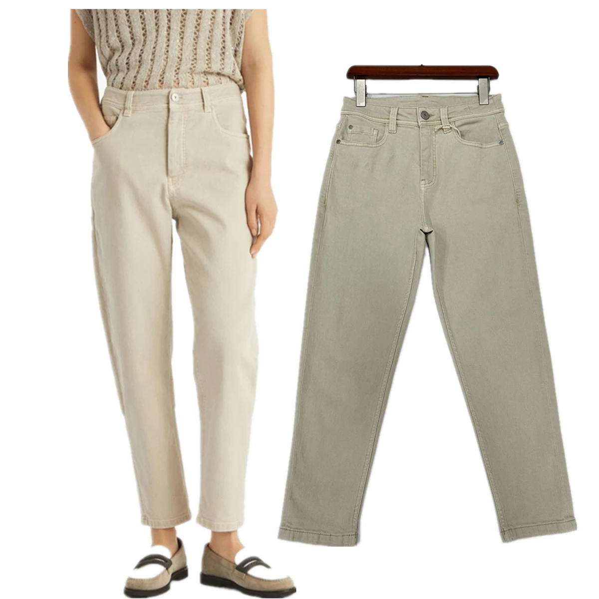 

Dave&Di Minimalist Light Khaki Casual Pants High Waisted Straight Leg Jeans Women Commuting Casual Denim Pants Trousers