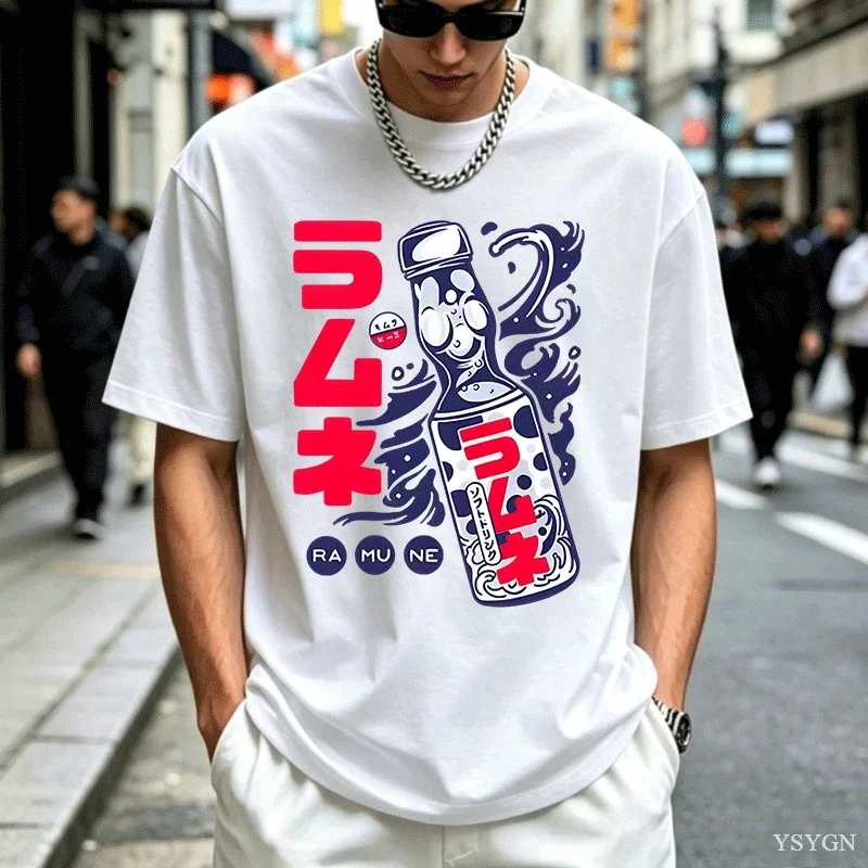 Camiseta con estampado de la bebida gaseosa japonesa Ramune, para hombre y mujer, de algodón, con cuello redondo, de estilo informal, para el verano, holgada, prenda de moda.