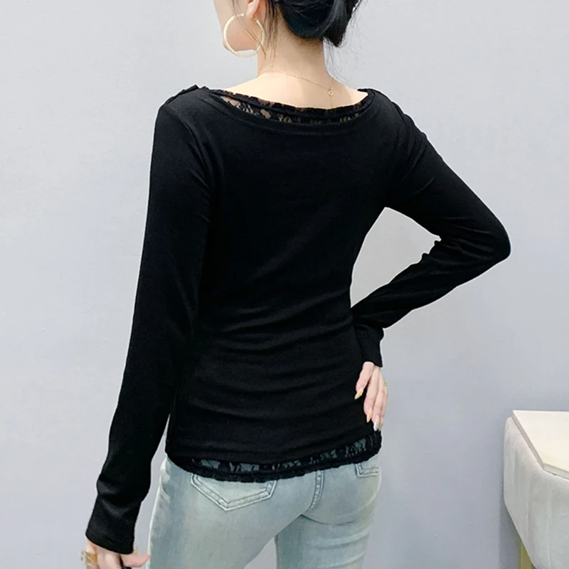 Black,Korean,Style,Fall,Winter,T-shirt,Chic,Sexy,O-Neck,Spliced,Lace,Fake two pieces,Women,Tops,Long Sleeve,Casual,Tees,New,5190