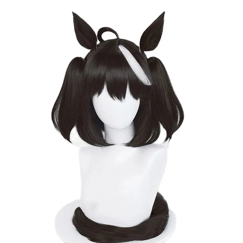 qq023Uma Kitasan Uma Musume Pretty Derby Cosplay Black White Wig with Bangs Ears Synthetic Hair Pelucas