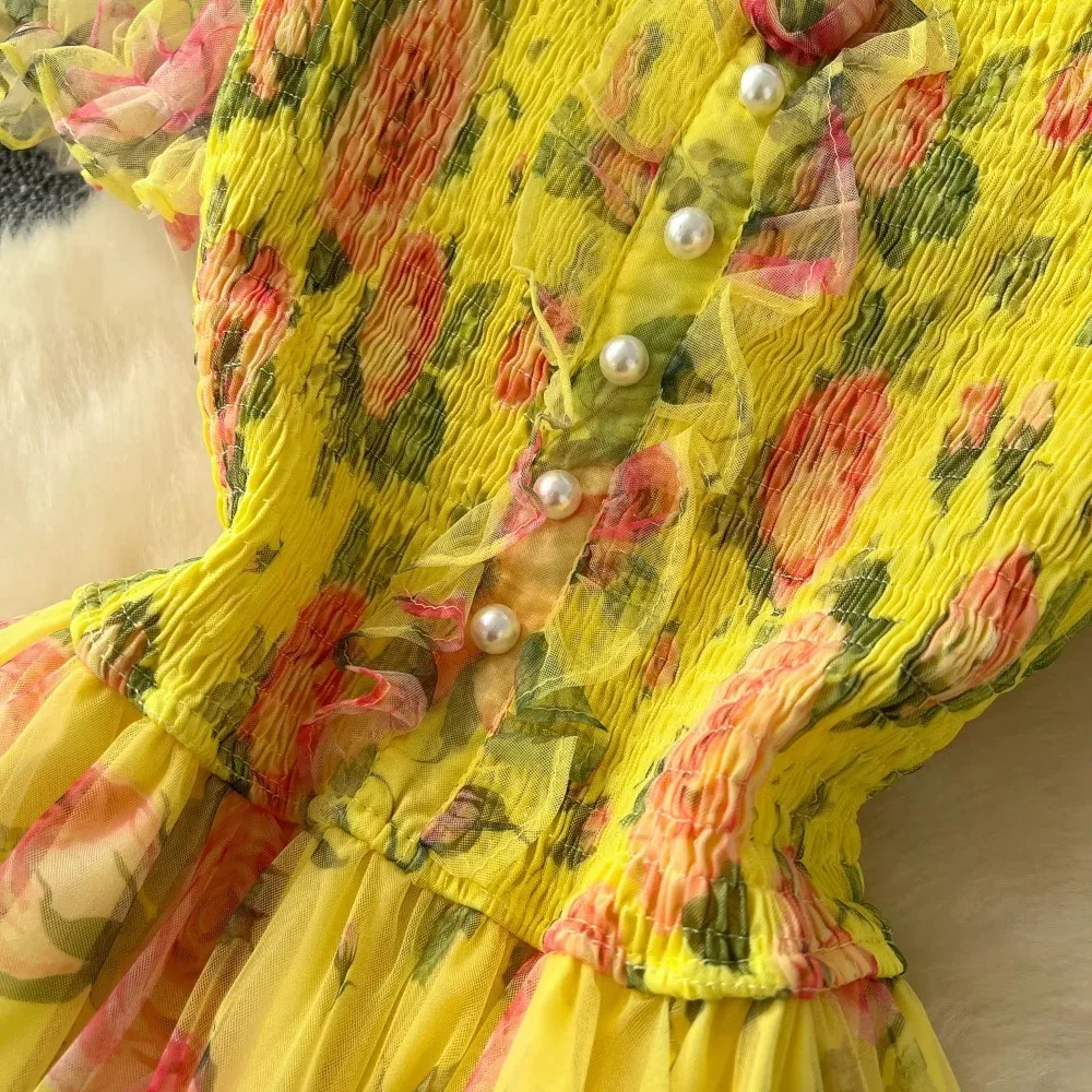 Vestidos elegantes de gasa ajustados con estampado elegante y manga corta abombada Vintage con cuello oblicuo, ropa de malla de otoño para noche de calle francesa