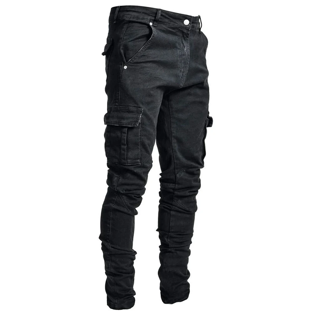 Straat elastische jeans heren denim cargobroek wassen effen kleur multi-zakken casual mid-taille broek slim fit dagelijkse slijtage joggers - afbeelding 1