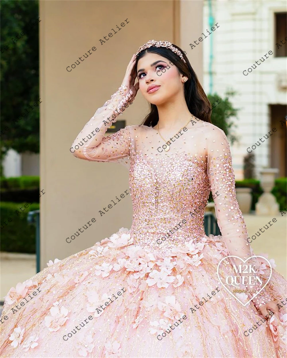 Vestido de baile de Quinceañera de manga larga brillante, flores en 3D, Rosa, con cordones, princesa dulce 15 16, 15 años