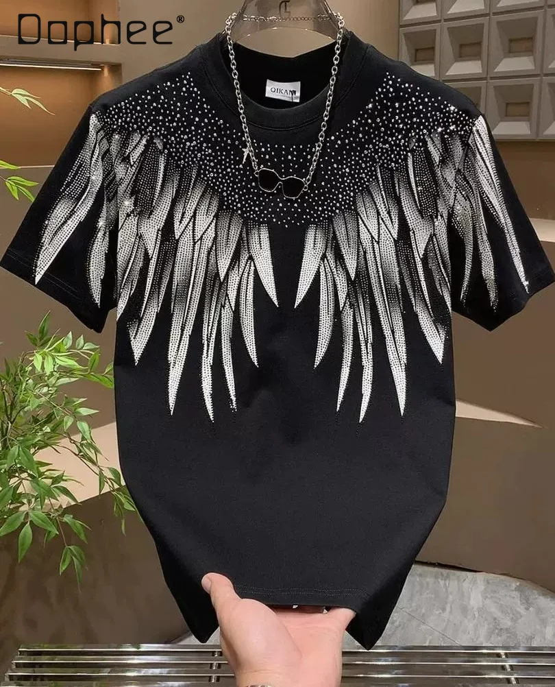 2026 Summer Men's Short-sleeved T-shirt American Trend Hot Diamond Wings Gradual Change Printing Round Neck Loose Casual Top Men
