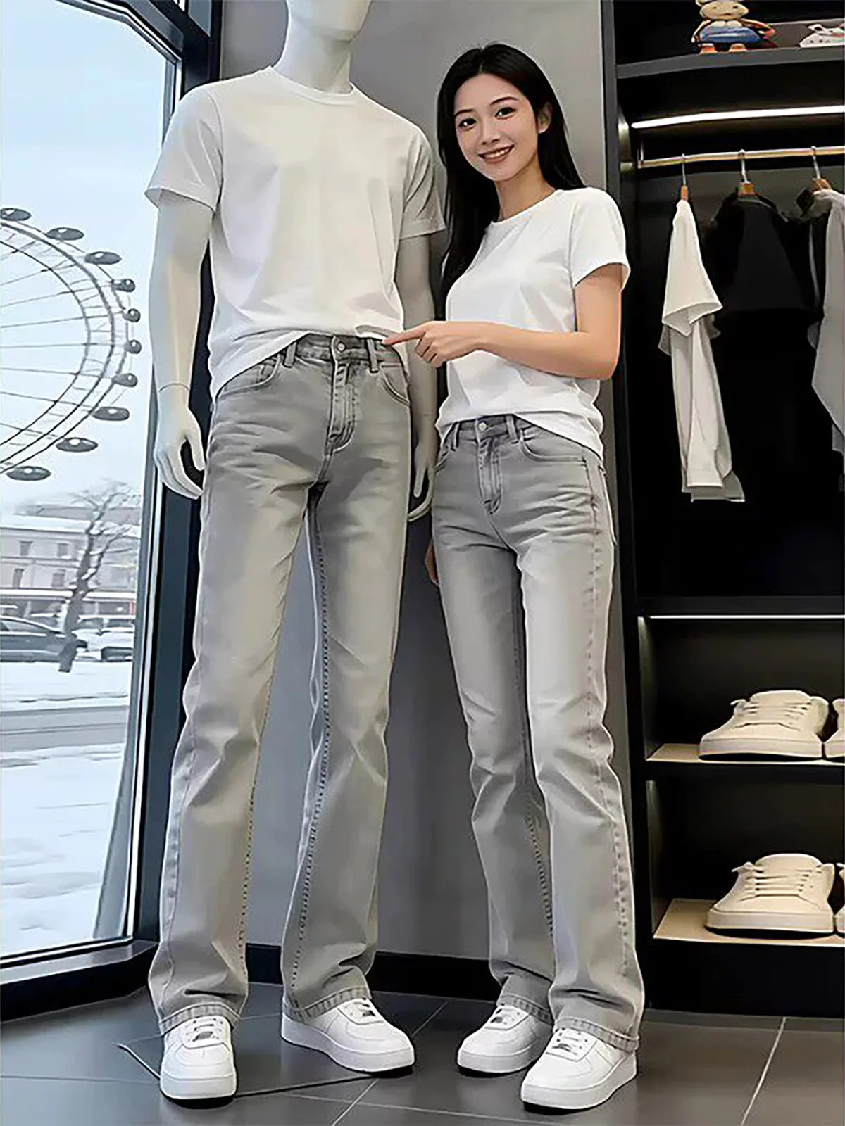 Calças Jeans Cinza Cimento Slimming de Perna Larga com Corte Reto e Design Ajustado para Homens e Mulheres, Shorts de Denim C...