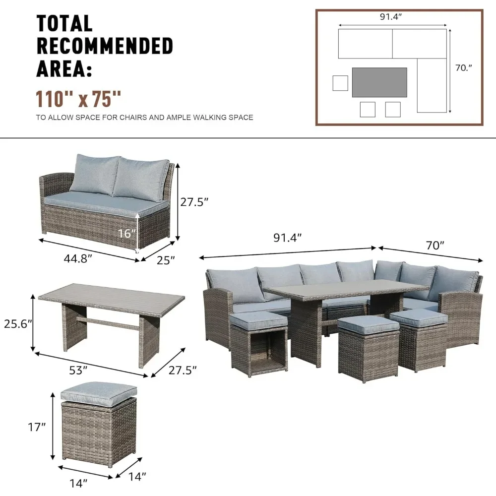 7 Piece Patio Dining Sofa Set, Outdoor Sectional Couch Set, Wicker Rattan Aluminum Desktop Dining Table & Chair with Ottomans