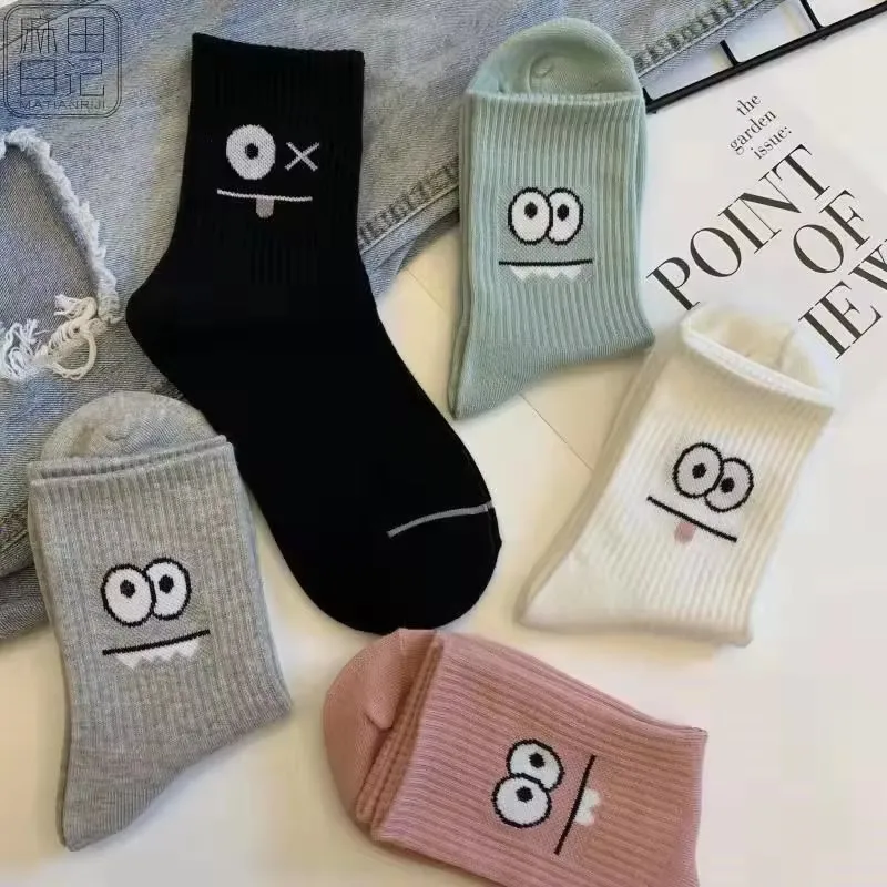 5 Pairs Socks Women Cotton Made Cute Expression Print Socks Women Soft Comfortable Elastic Breathable Fashion Girls Stockings